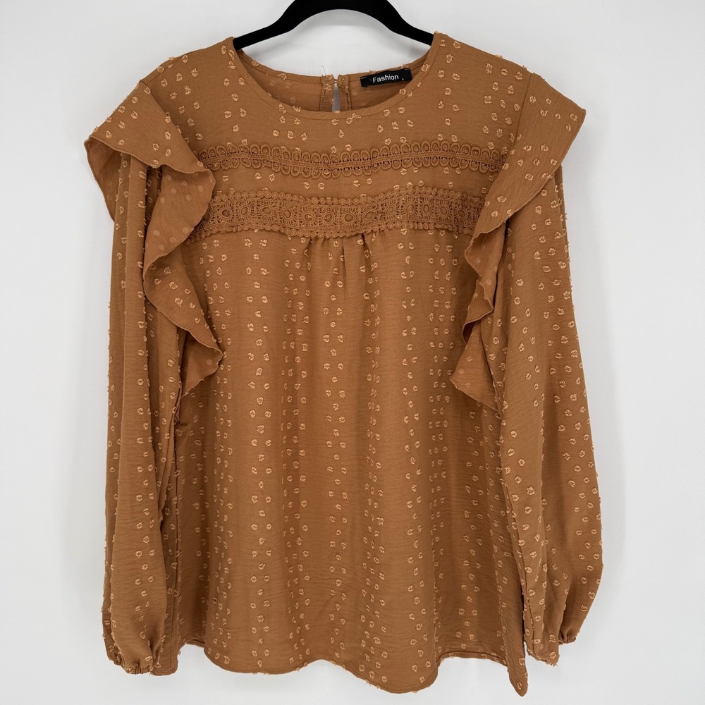 AMAZON FASHION SWISS DOT BLOUSE BUBBLE SLEEVE CARAMEL LARGE BUSINESS CASUAL